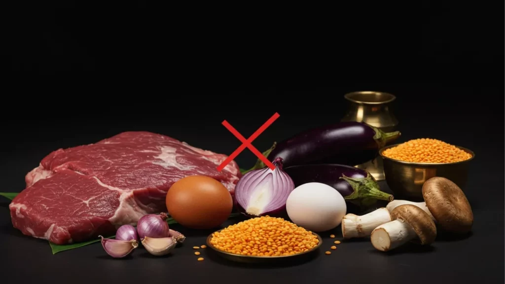 Image of Foods to avoid during Pitru Paksha Shradh: meat, eggs, onion, garlic. Lentils, eggplant, and mushrooms are also shown- Forbidden Foods for Pitrupaksha