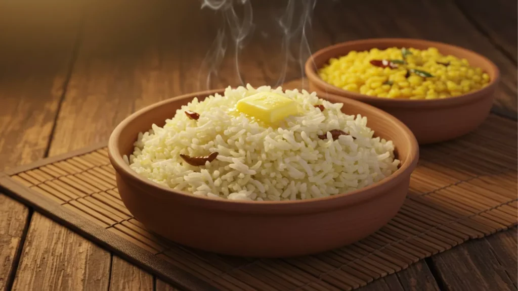 Steaming rice topped with ghee in a clay bowl, with a bowl of dal in the background. This is a staple meal and can be offered as Pind Daan or served during Shradh- Sattvic Lunch Ideas for Pitrupaksha