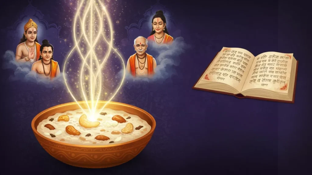 Image of Kheer offered to ancestors and deities, whose images appear above, with sacred scriptures for Pitru Paksha ritua- Kheer Recipe for Pitrupaksha