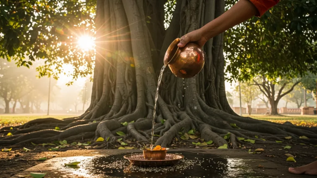 Here, a devotee performs a sunrise ritual, offering water from a copper vessel to honor their ancestors- Performing Tarpan at home