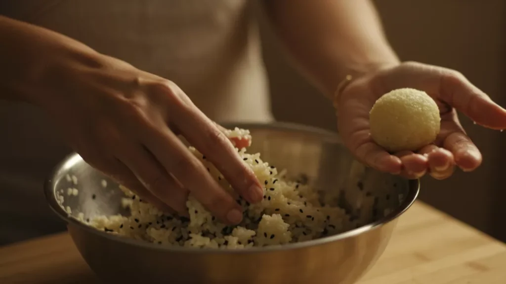 This image shows the preparation of pindas, mixing rice and black sesame seeds to offer to ancestors- Sankalpa power home Shradh