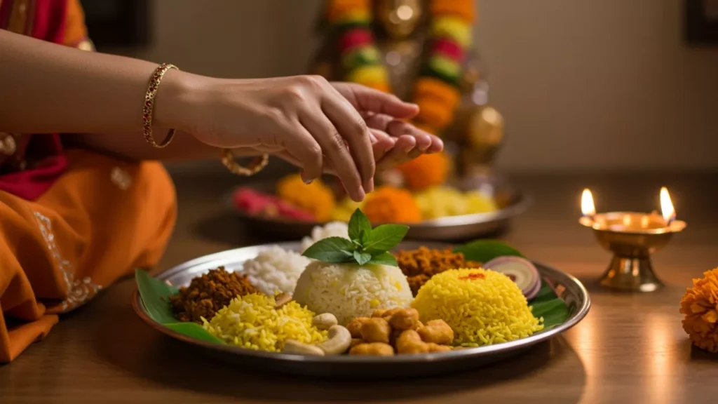 A woman makes a ceremonial food offering, or naivedya, to honor her ancestors during Pitrupaksha observances- Shradh in small spaces apartment