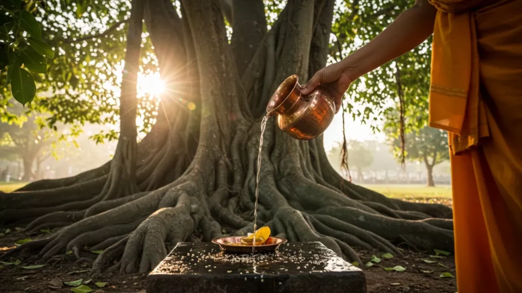 This image shows a 'Tarpan' ceremony, with water being offered to ancestors at a banyan tree's roots- Involving family home Shradh