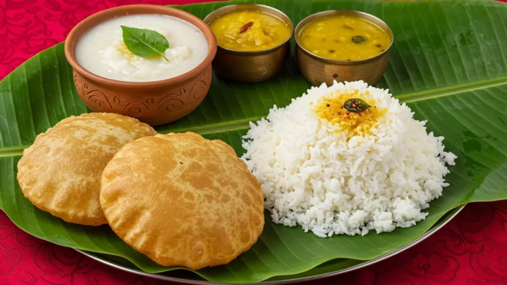 A traditional Shraddha meal served on a banana leaf, featuring kheer, dal, rice, and poori, prepared for ancestors- Shradh food offering at home