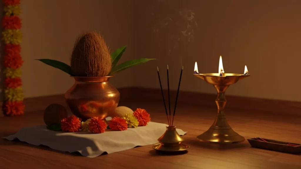 Sacred puja items for honoring ancestors during Pitrupaksha- Simplified Shradh Sequence for Home