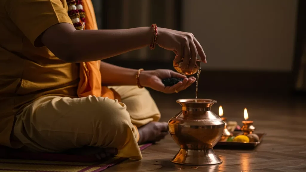 A person performs the 'Tarpan' ceremony, offering water and black sesame seeds to honor their ancestors during Pitrupaksha- Brahmin invitation for Shradh