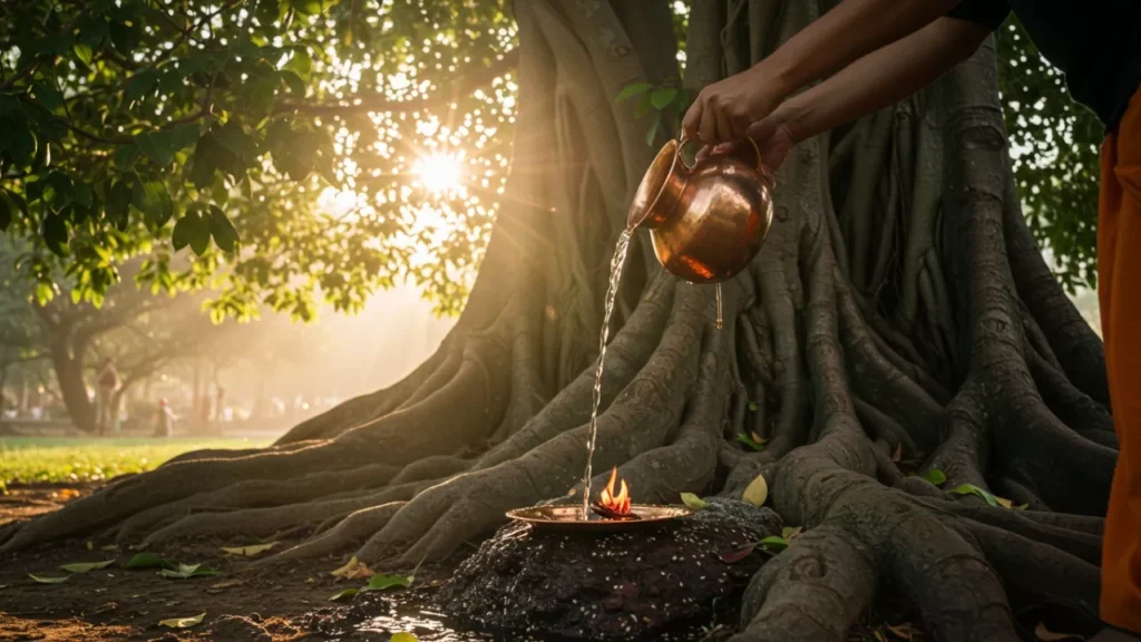 A devotee performs a sacred water and fire offering at a banyan tree's roots, honoring ancestors during Pitrupaksha- Performing Shradh at home