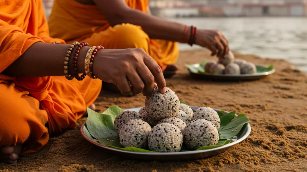 Devotees prepare pindas, sacred rice balls with black sesame seeds, by a river for the Pind Daan ceremony- Prayagraj Triveni Sangam Shradh