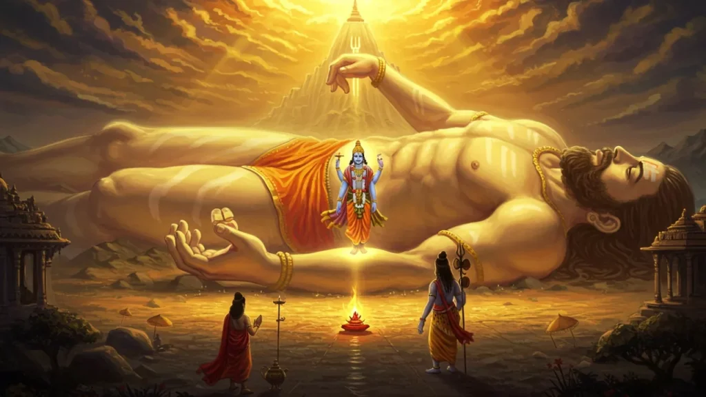 This artwork illustrates the legend of Gayasura, whose body was sanctified by Lord Vishnu, making Gaya a prime pilgrimage site for ancestral rites